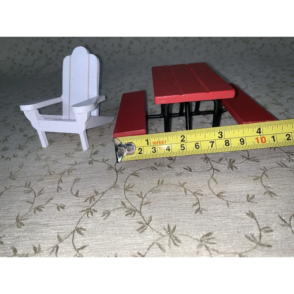 Dollhouse Picnic Furniture Outdoor Red Wood Picnic Table, Adironback Wood Chair